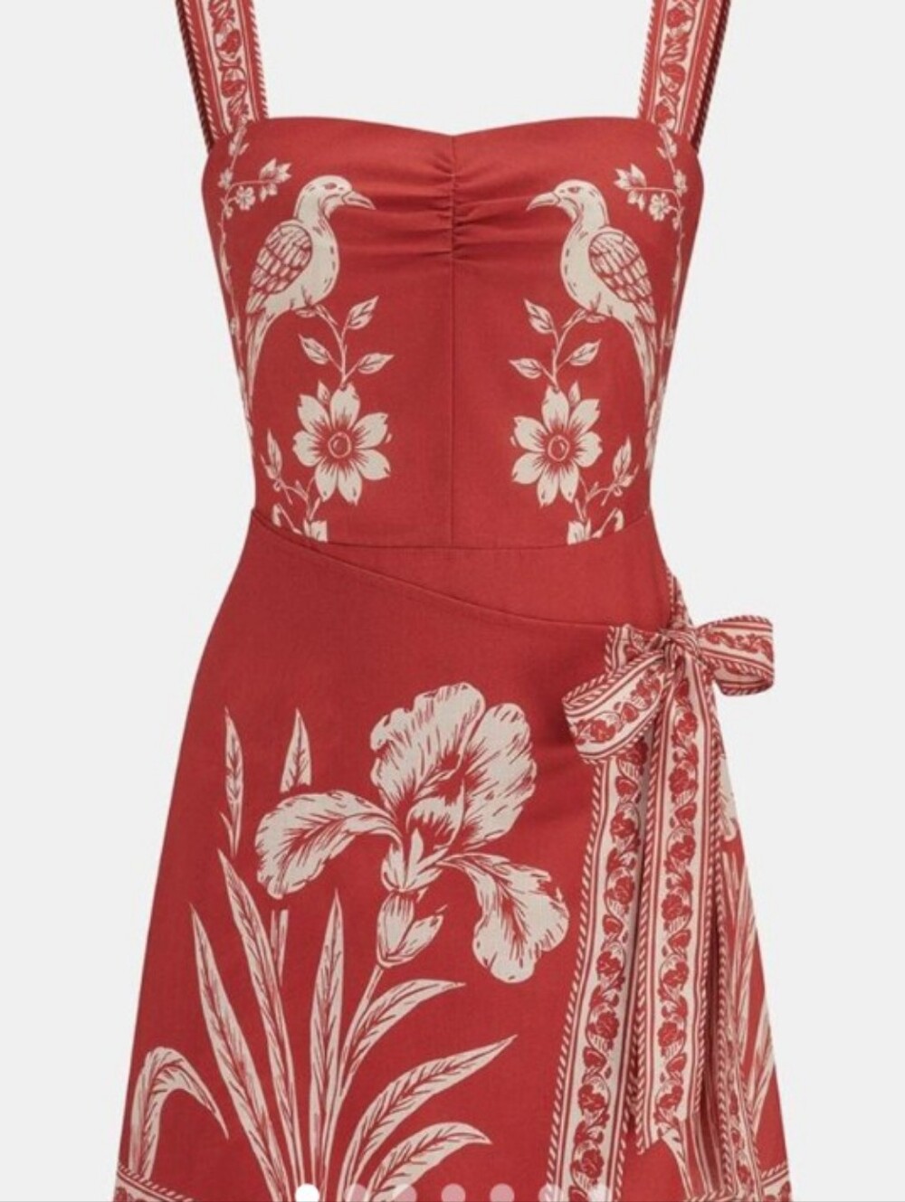 Commense Red Mini Dress with Cream Botanical & Bird Print